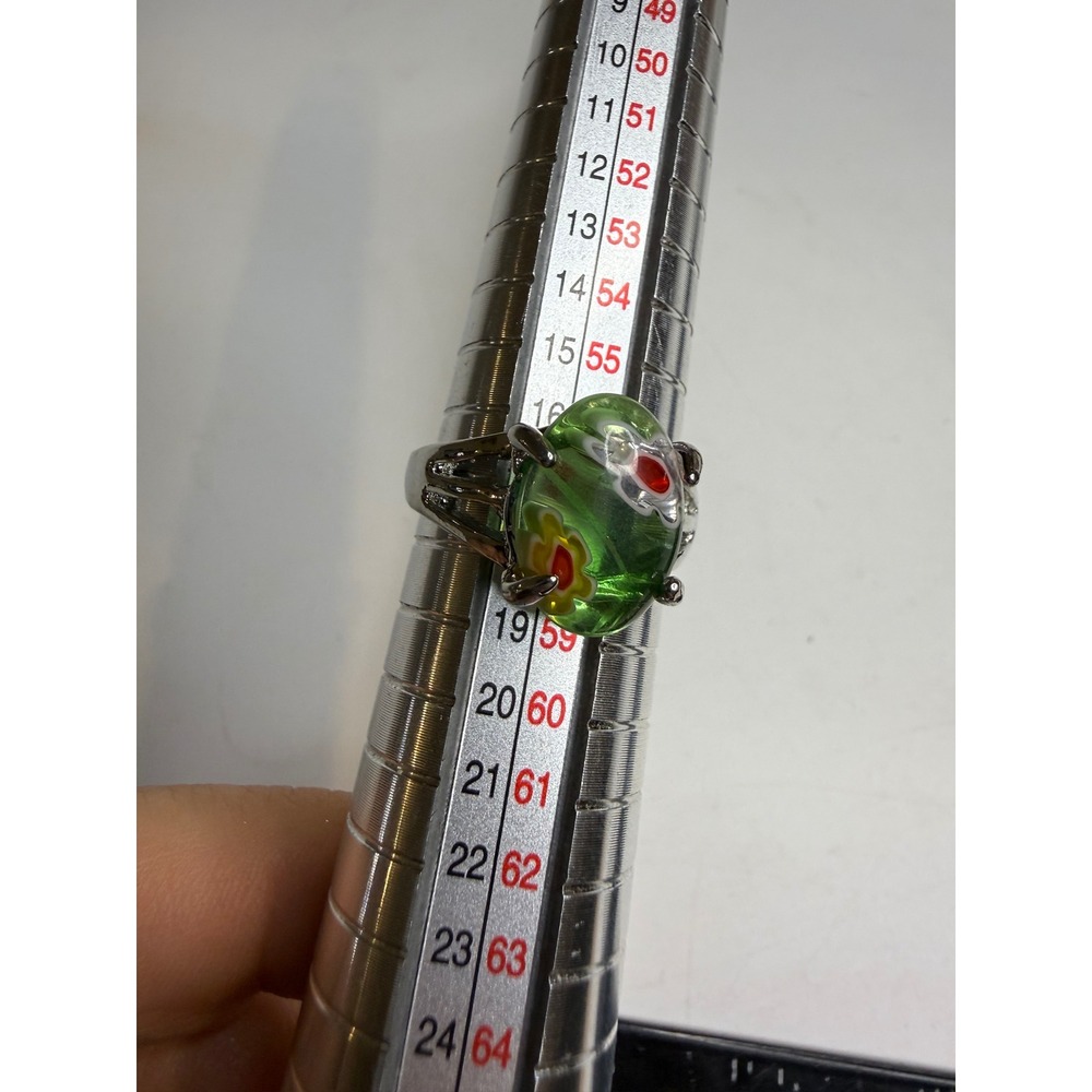 Green Millefiori Art Glass Ring Silver Tone Split Shank Band Size 8